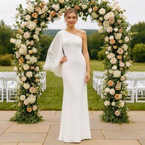 NWT Mac Duggal Feather Cuff One Shoulder Ruched Gown White 8